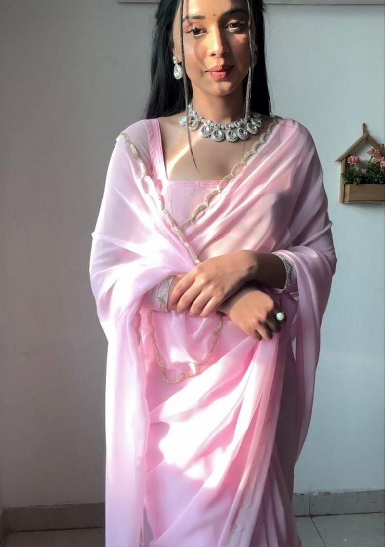 Pink Handwork Georgette Saree Set