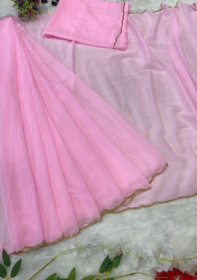 Pink Handwork Georgette Saree Set