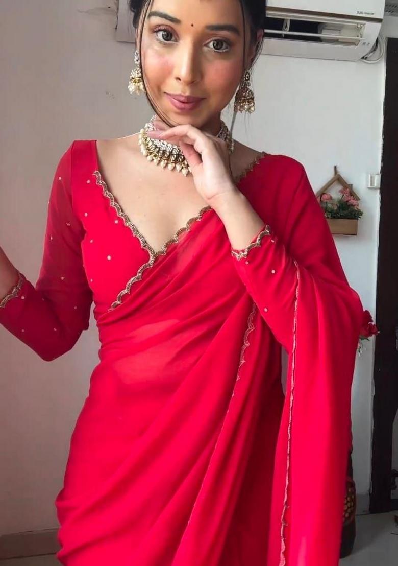 Red Handwork Georgette Saree Set