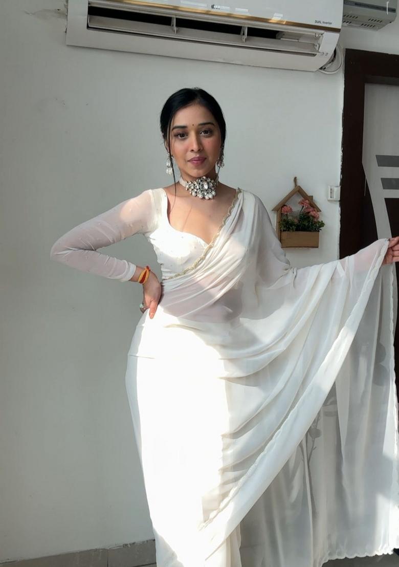 White Handwork Georgette Saree Set