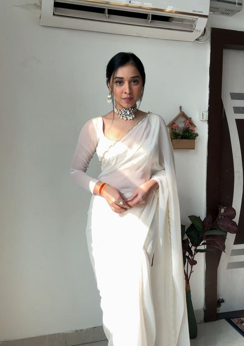 White Handwork Georgette Saree Set