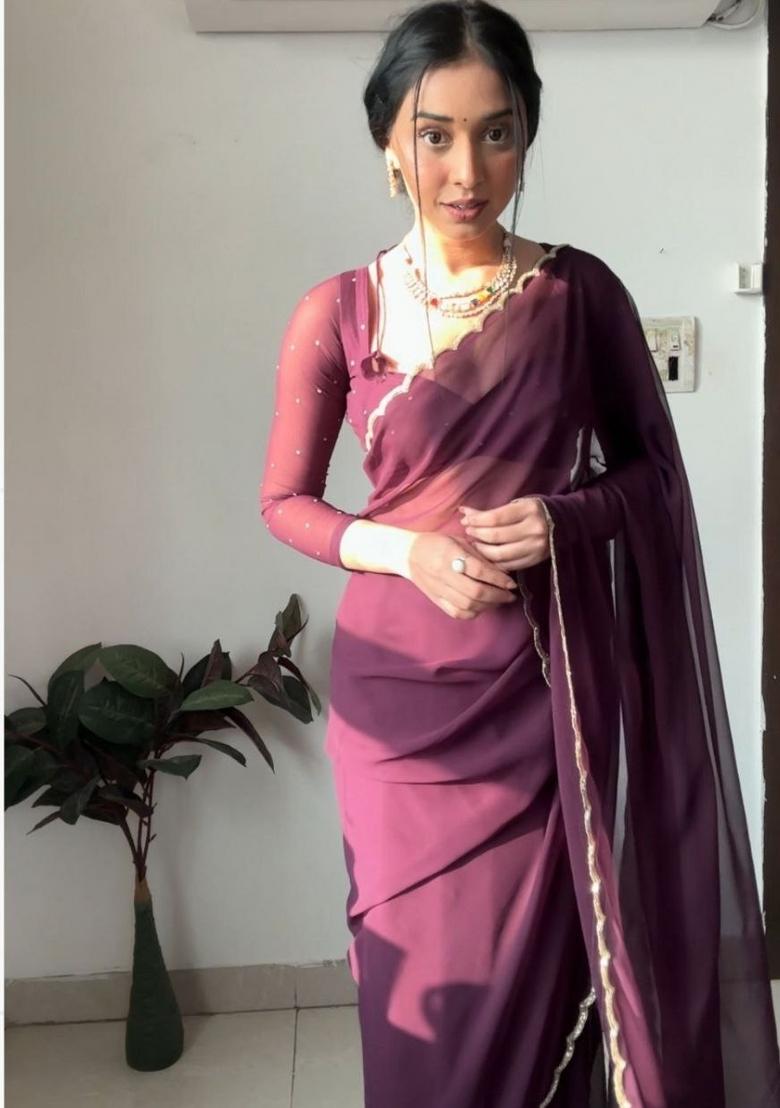 Wine Handwork Georgette Saree Set