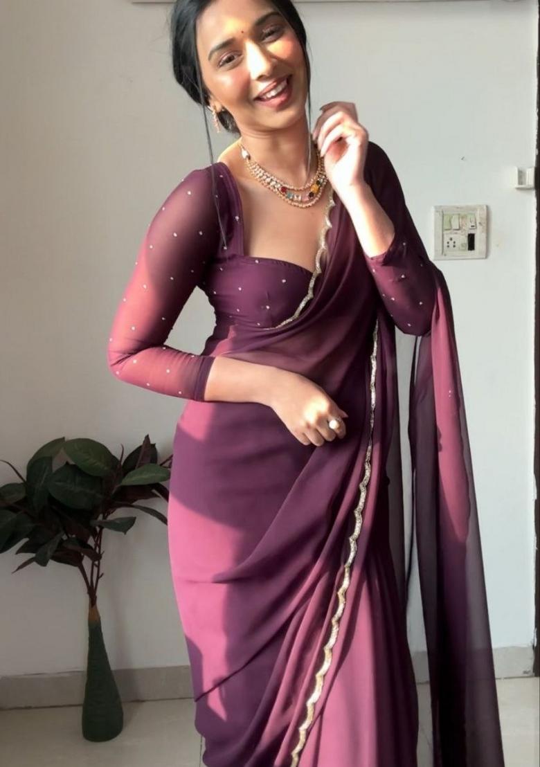 Wine Handwork Georgette Saree Set