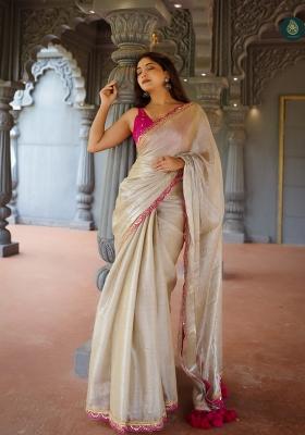 Beige Lace Border Erode Silk Saree Set