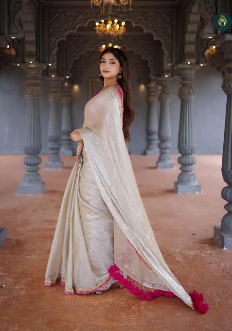 Beige Lace Border Erode Silk Saree Set