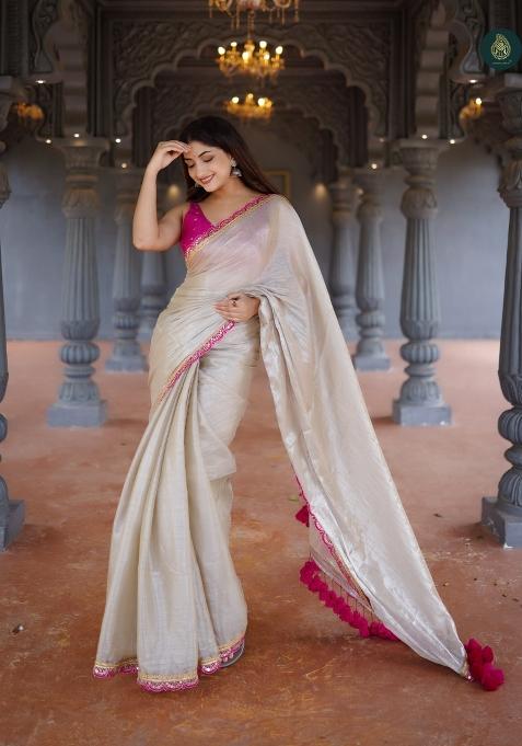 Beige Lace Border Erode Silk Saree Set