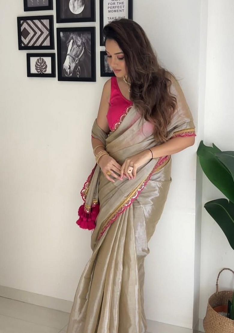 Chiku Brown Lace Border Erode Silk Saree Set