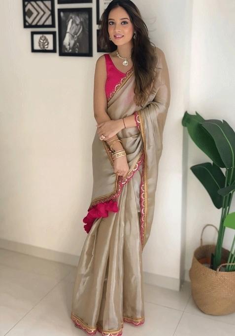 Chiku Brown Lace Border Erode Silk Saree Set