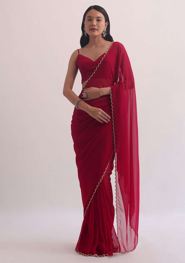 Red Handwork Georgette Saree Set - Indya