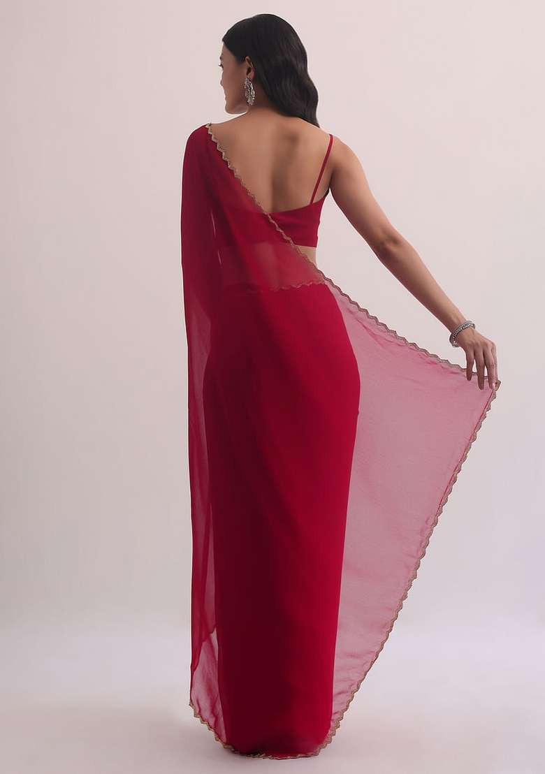 Red Handwork Georgette Saree Set - Indya
