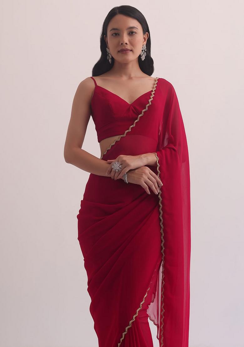 Red Handwork Georgette Saree Set