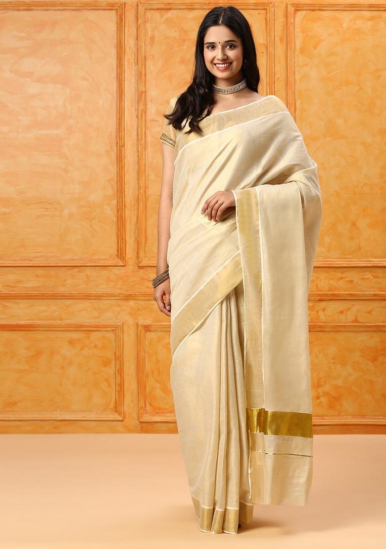 White Zari Woven Cotton Silk Blend Saree Set