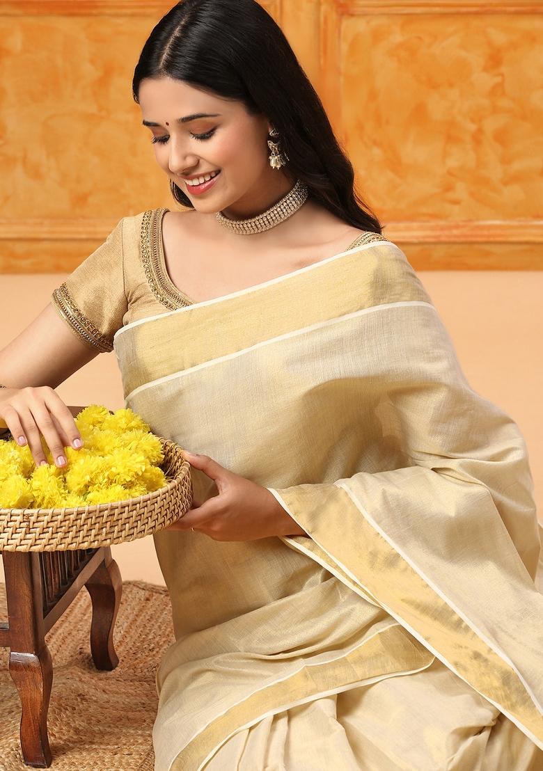 White Zari Woven Cotton Silk Blend Saree Set