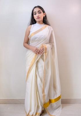 White Zari Woven Cotton Silk Blend Saree Set