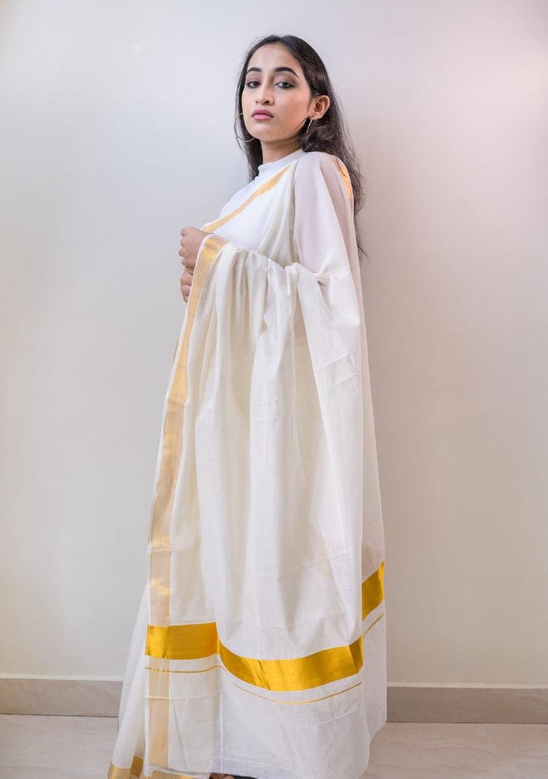 White Zari Woven Cotton Silk Blend Saree Set