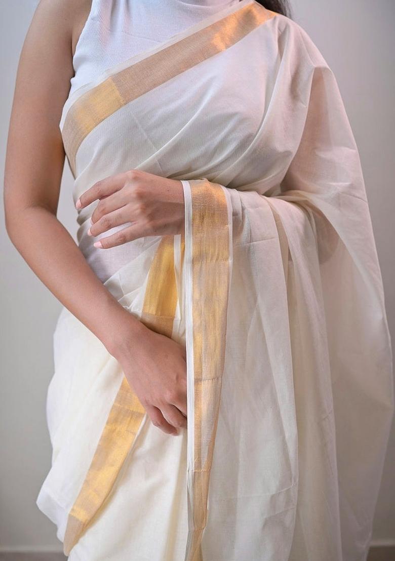 White Zari Woven Cotton Silk Blend Saree Set