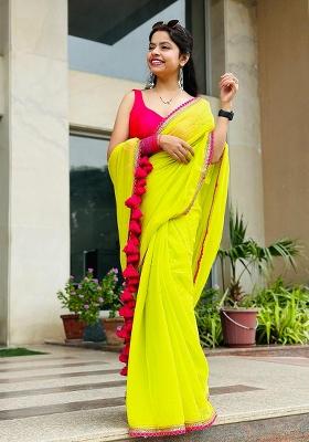 Lime Yellow Lace Border Georgette Saree Set