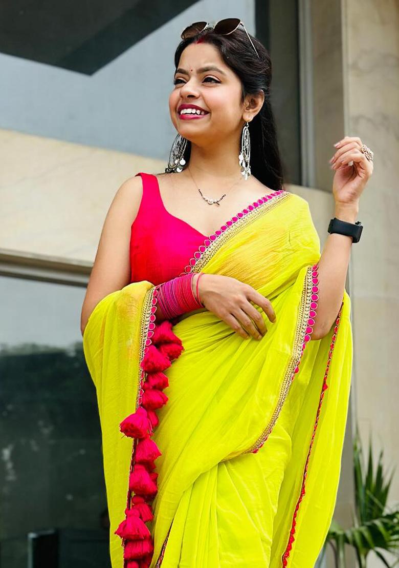 Lime Yellow Lace Border Georgette Saree Set