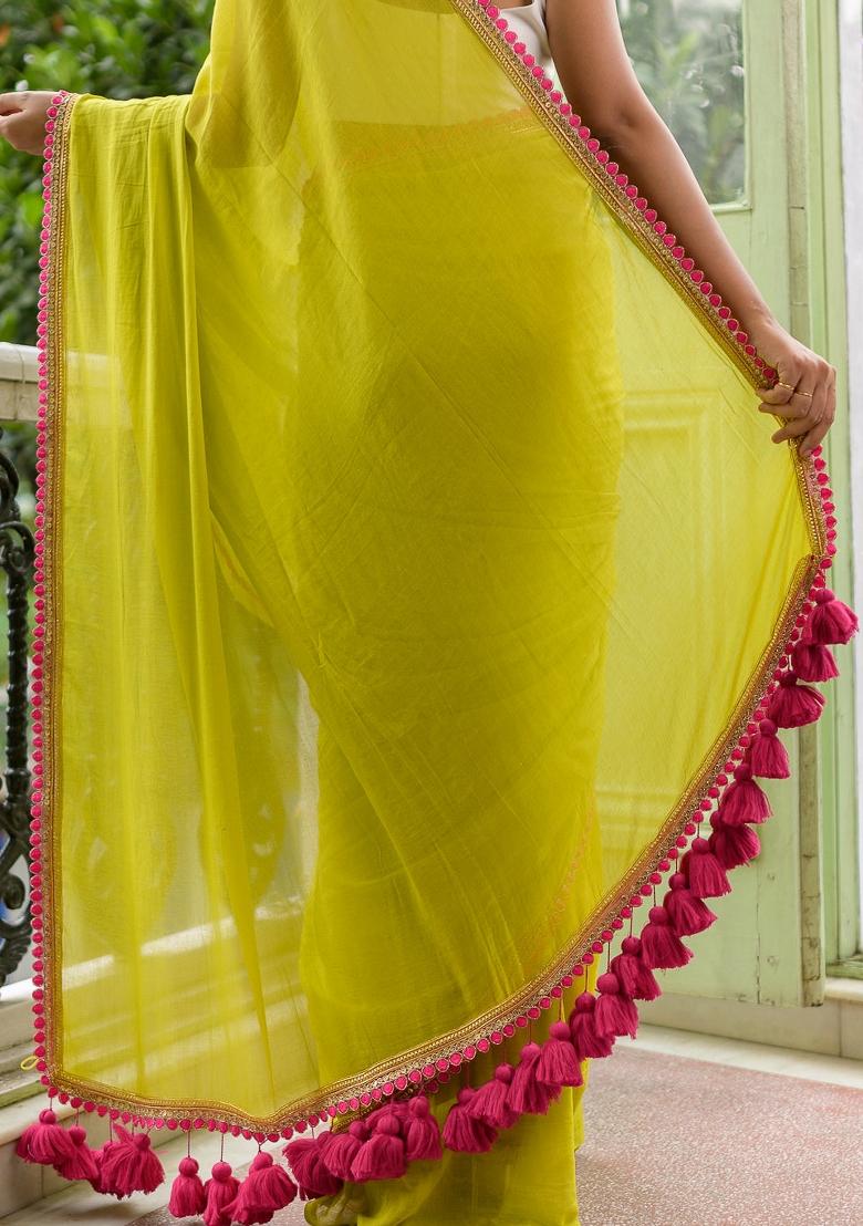 Lime Yellow Lace Border Georgette Saree Set