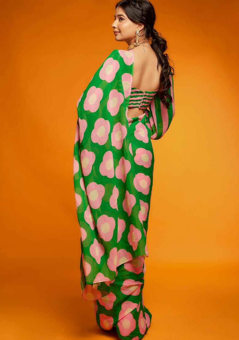 Green Digital Print Satin Silk Saree Set