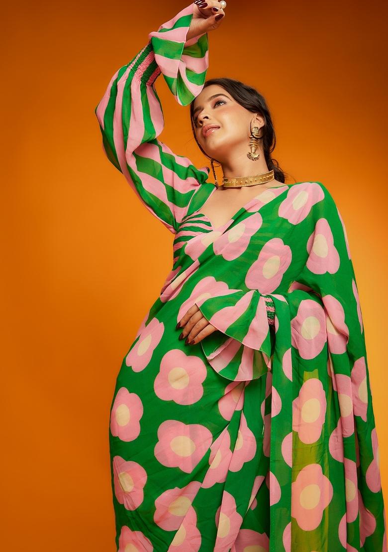 Green Digital Print Satin Silk Saree Set