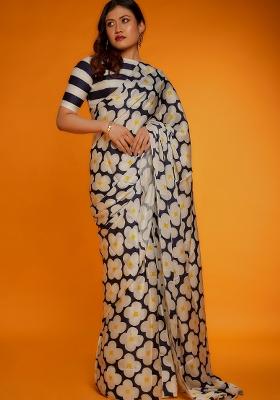 Black Digital Print Satin Silk Saree Set