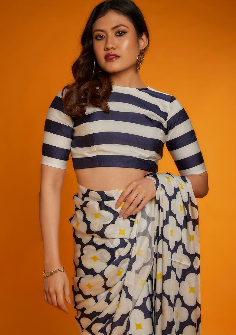 Black Digital Print Satin Silk Saree Set