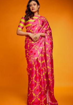 Pink Digital Print Satin Silk Saree Set