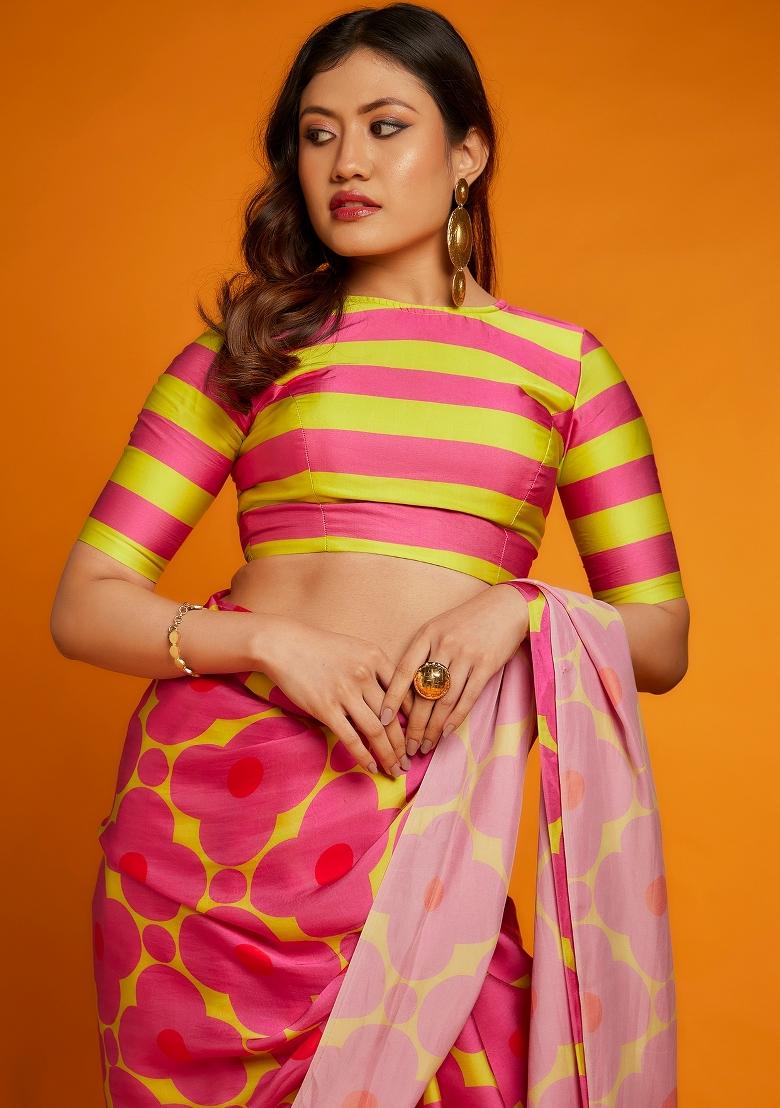 Pink Digital Print Satin Silk Saree Set