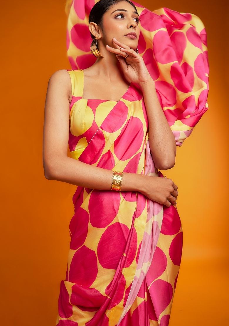 Pink Digital Print Satin Silk Saree Set