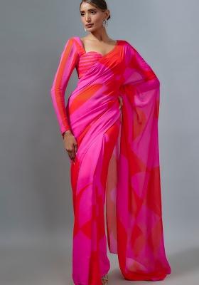 Red Digital Print Satin Silk Saree Set