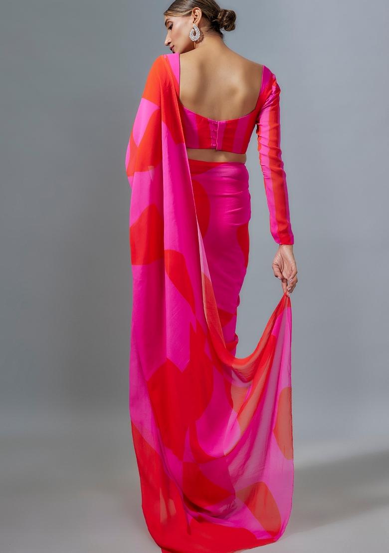 Red Digital Print Satin Silk Saree Set