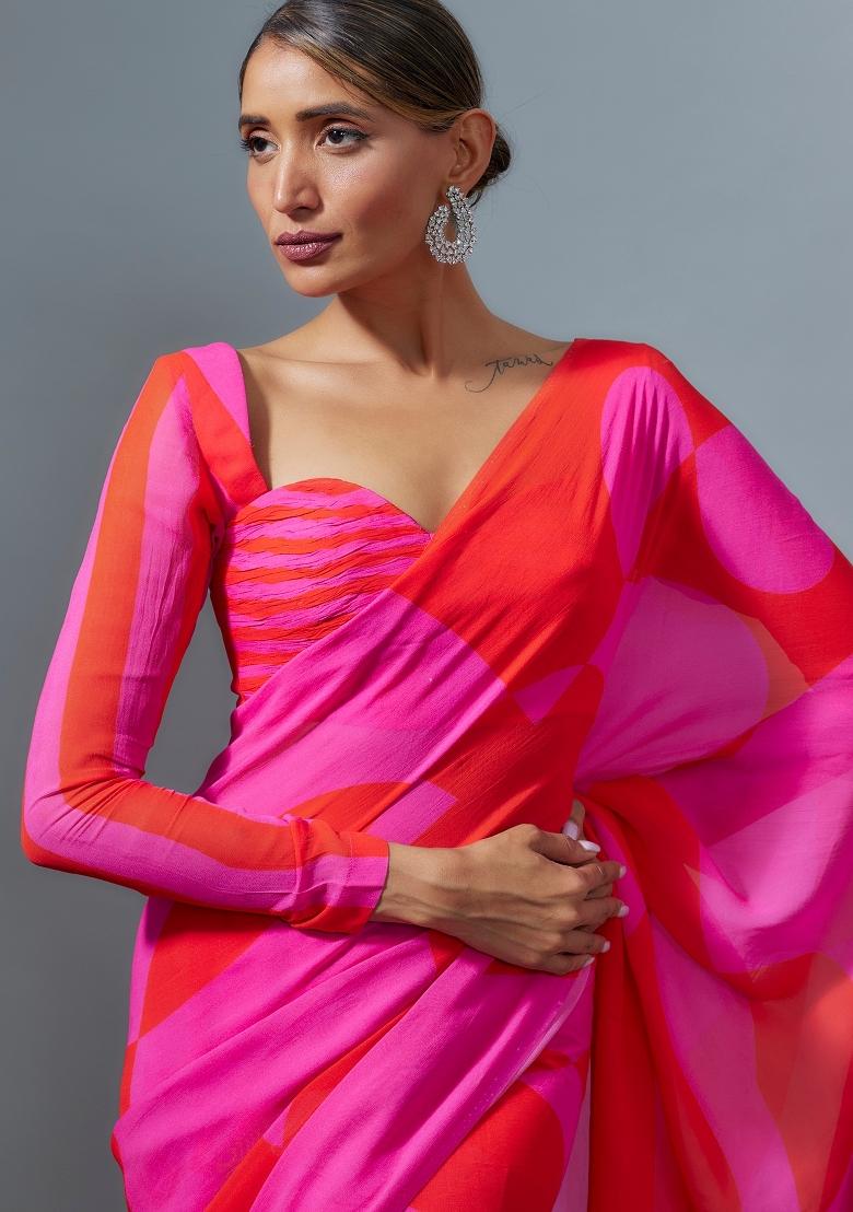 Red Digital Print Satin Silk Saree Set