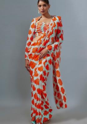 Orange Digital Print Satin Silk Saree Set