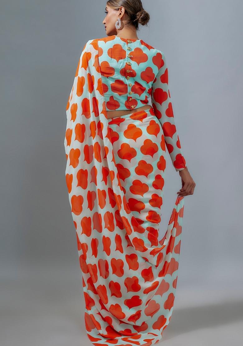 Orange Digital Print Satin Silk Saree Set