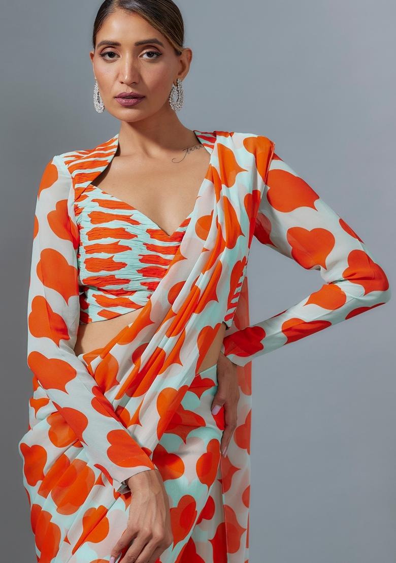 Orange Digital Print Satin Silk Saree Set