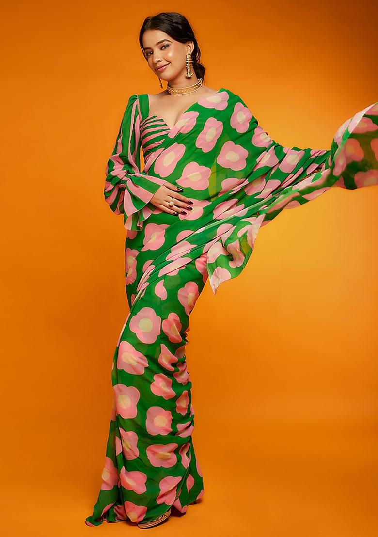 Green Digital Print Satin Silk Saree Set