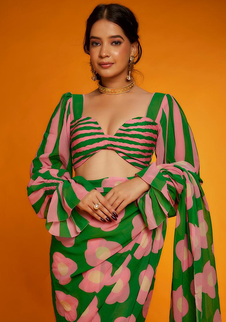 Green Digital Print Satin Silk Saree Set