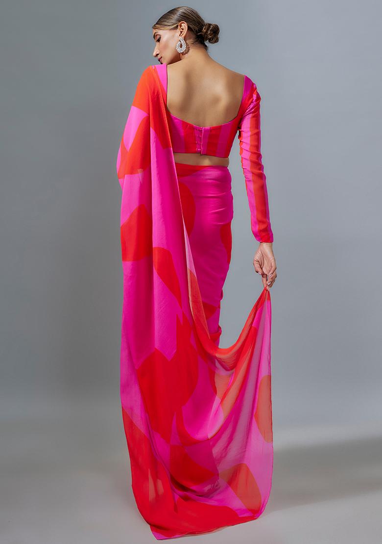 Red Digital Print Satin Silk Saree Set