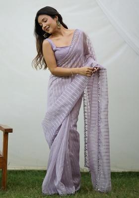 Lavender Mirror Work Weaving Organza Saree Set