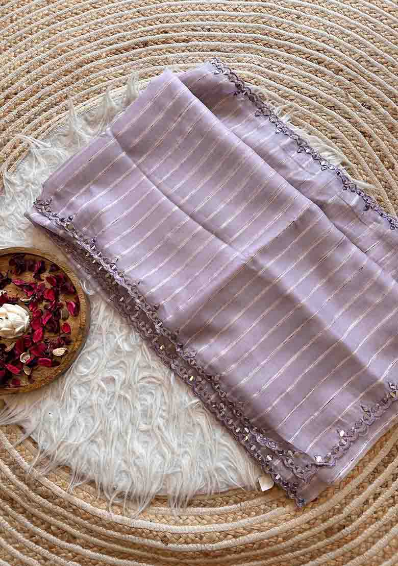 Lavender Mirror Work Weaving Organza Saree Set