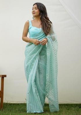Sky Blue Mirror Work Weaving Organza Saree Set