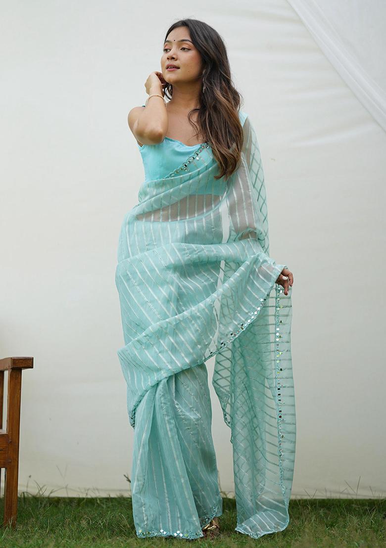 Sky Blue Mirror Work Weaving Organza Saree Set