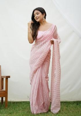 Pink Mirror Work Weaving Organza Saree Set
