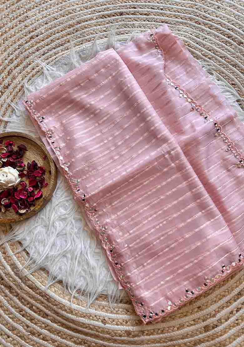 Pink Mirror Work Weaving Organza Saree Set
