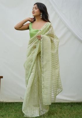 Pista Green Mirror Work Weaving Organza Saree Set