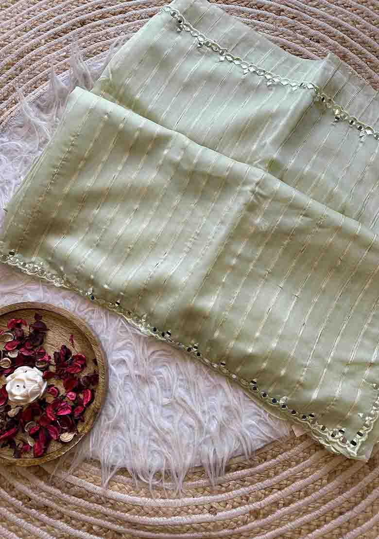 Pista Green Mirror Work Weaving Organza Saree Set