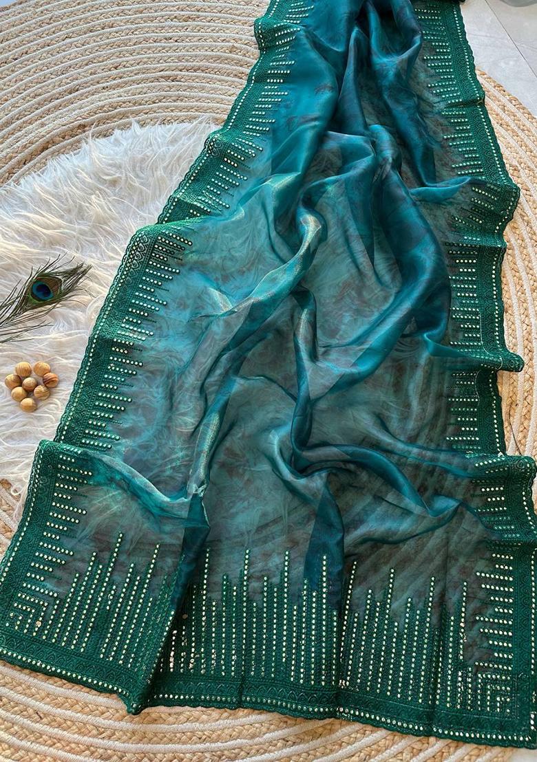 Peacock Blue Embroidered Organza Saree Set