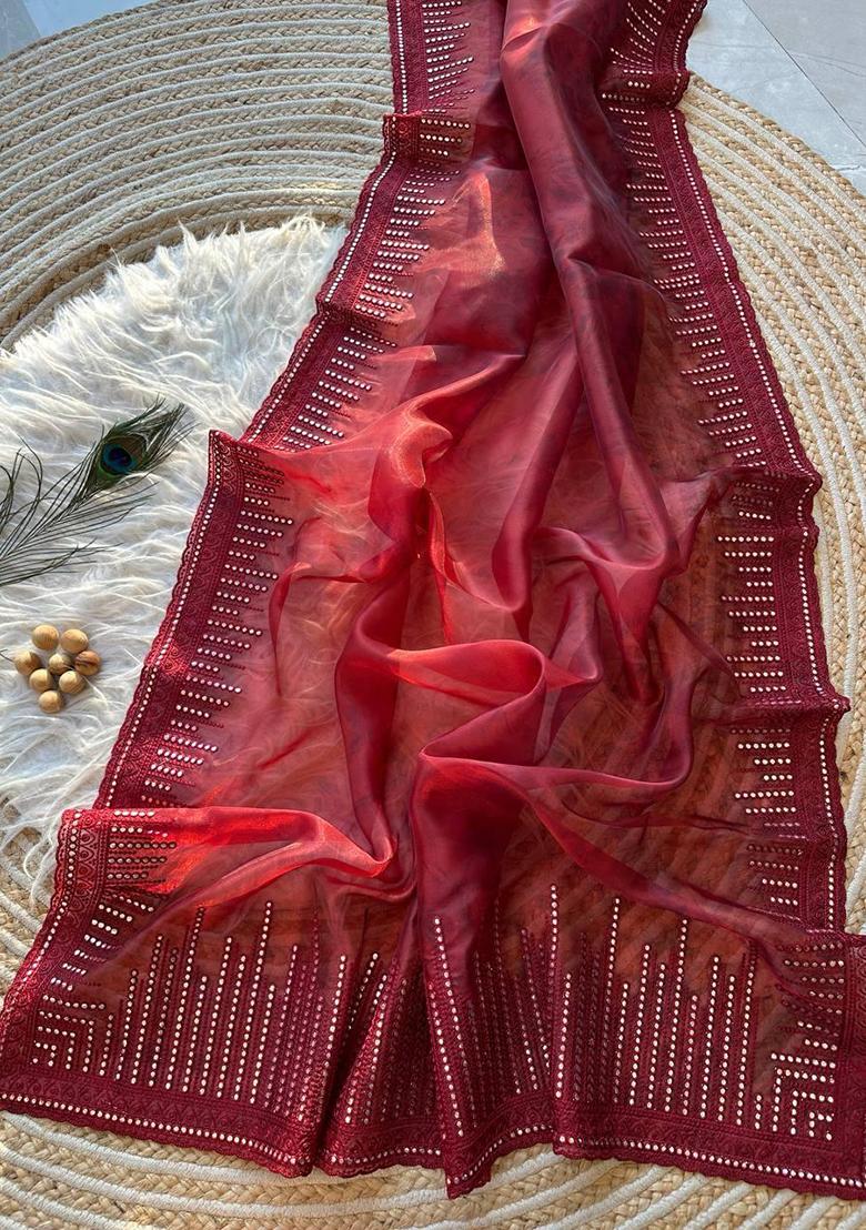 Red Embroidered Organza Saree Set