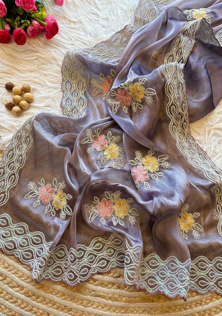 Lavender Embroidered Jimmy Choo Chiffon Saree Set